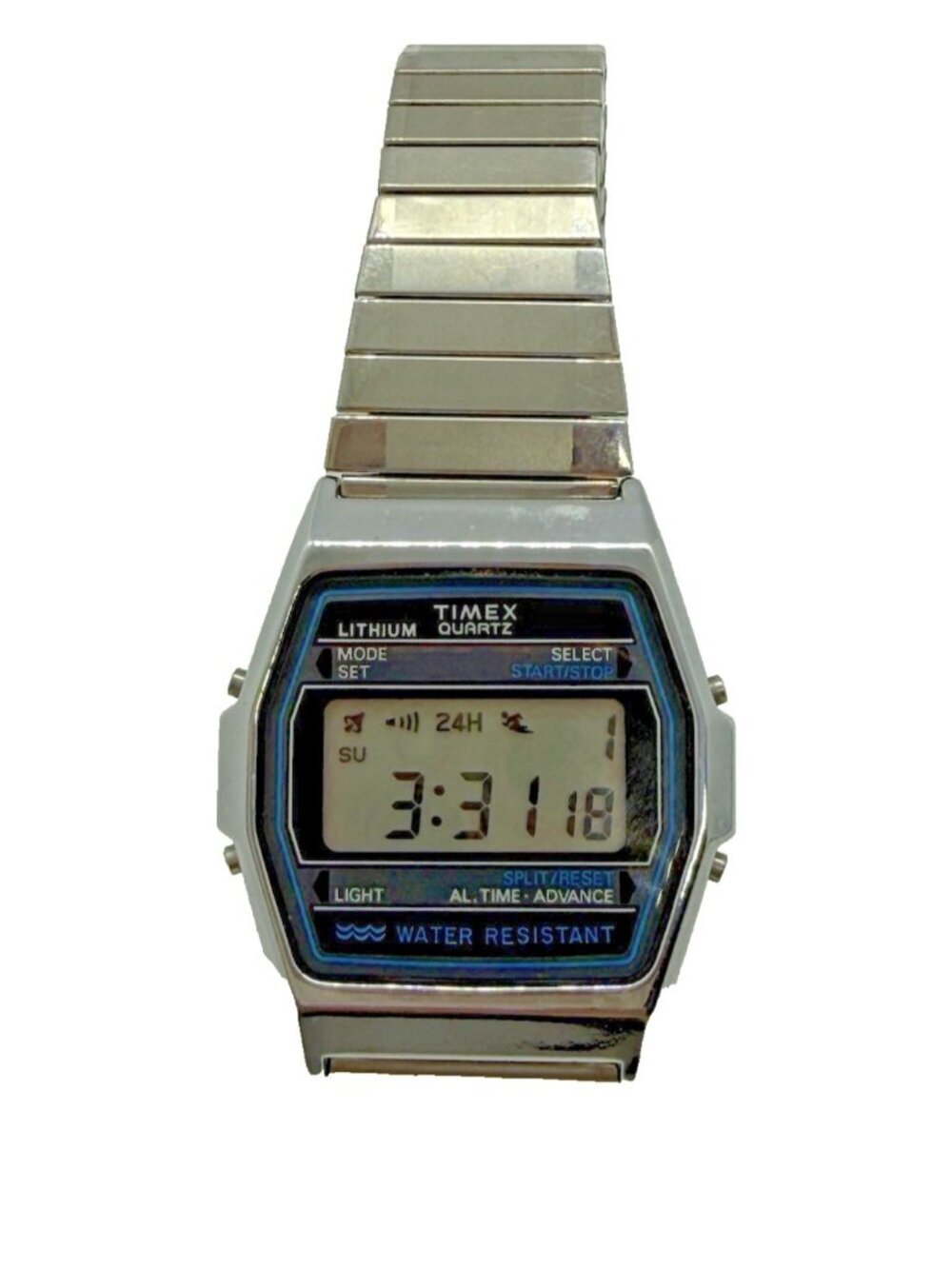 Timex Digital Quartz Lithium Silver Tone Watch Stretch Bracelet Stainless Steel